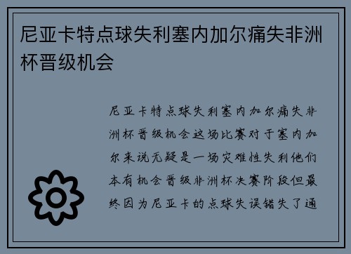 尼亚卡特点球失利塞内加尔痛失非洲杯晋级机会