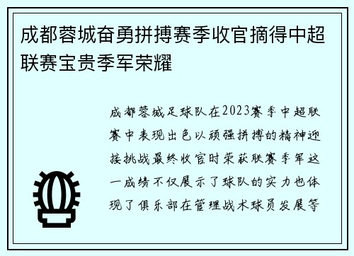 成都蓉城奋勇拼搏赛季收官摘得中超联赛宝贵季军荣耀